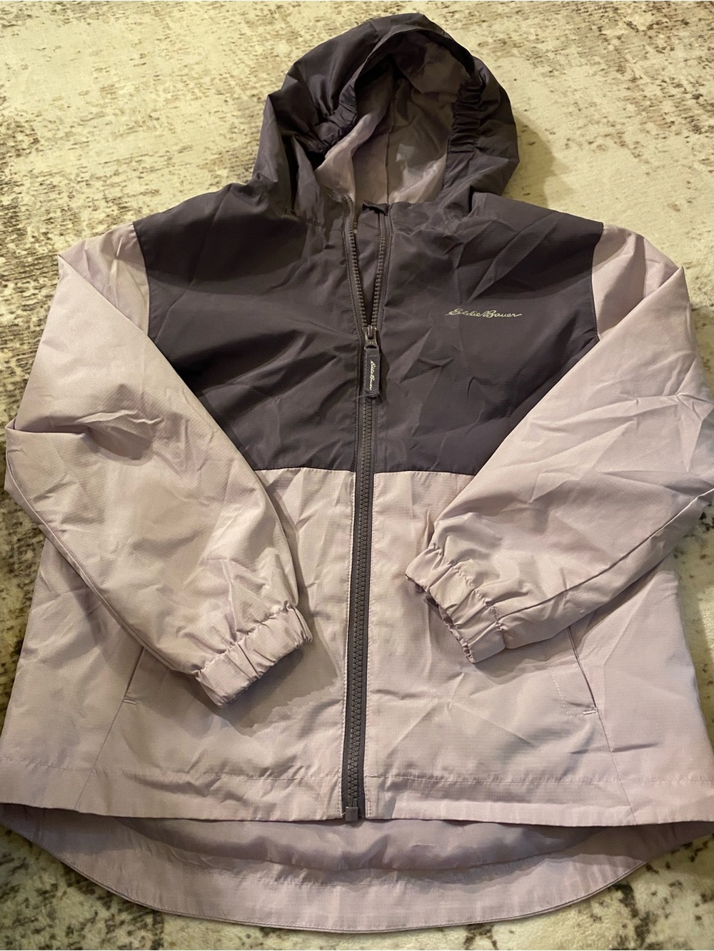 Eddie Bauer Girls' Hooded Colorblock Raincoat in Light Purple and Charcoal